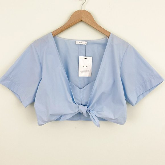 🌸SOLD🌸 NWT A.L.C. | Levine Light Blue Poplin Short Sleeve V-Neck Tie Crop Top - Picture 2 of 7
